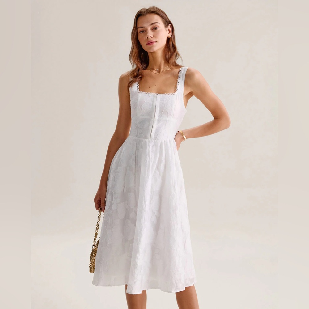 Rihoas White Jacquard Shirred Slip Midi Dress